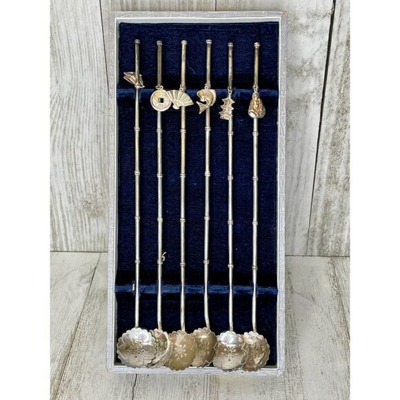 Antique Sterling Silver Long Bamboo Design Spoons with Charms Set of 6 - Picture 1 of 6